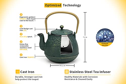 Japanese Cast Iron Tea Kettle with Infuser (1 Quarts / Dark Green)