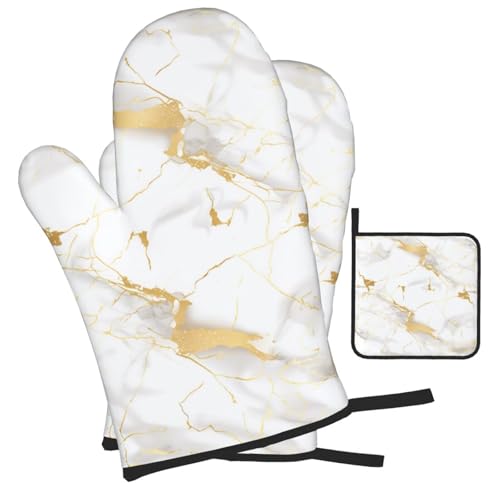 White Gold Marble Oven Mitts and Pot Holders Sets of 3 Heat Resistant Oven Gloves Hot Pads Non (White Gold Marble)