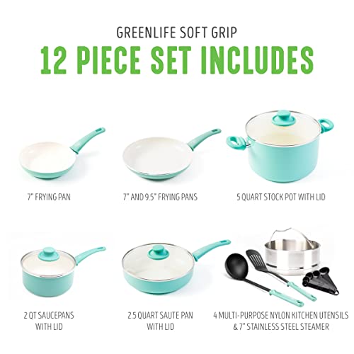 Soft Grip Healthy Ceramic Nonstick 12 Piece Cookware Pots and Pans Set (12 Piece Cookware Set / Turquoise)