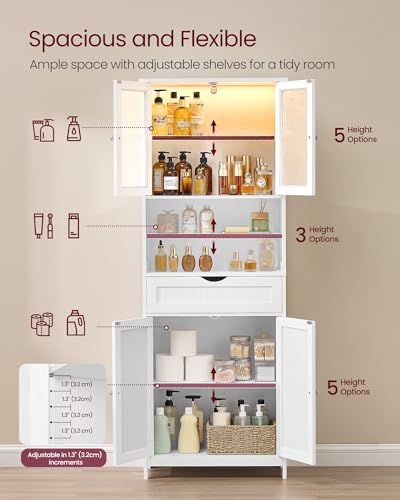 Storage Cabinet with LED Lights (4 Doors + 2 Open Compartments+LED Lights / 11.8"D x 23.6"W x 69.9"H)