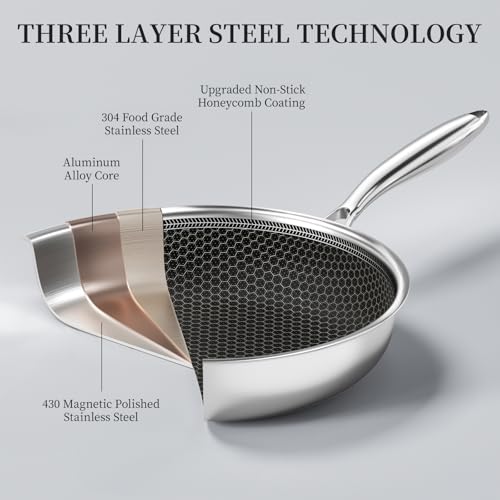 Stainless Steel Frying Pan Nonstick Frying Pan with Lid 10 Inch Honeycomb Stainless Steel Skillet Woks Pan for Gas Electric Induction Ceramic Stoves and Oven (10 Inch With Lid)