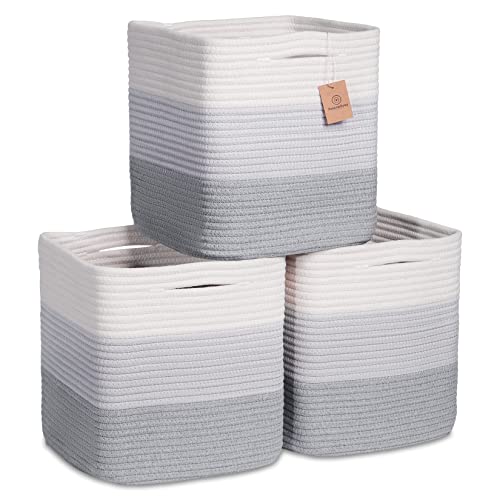 Storage Cubes 11 Inch Cotton Rope Woven Baskets for Organizing (3-Tone Gray)