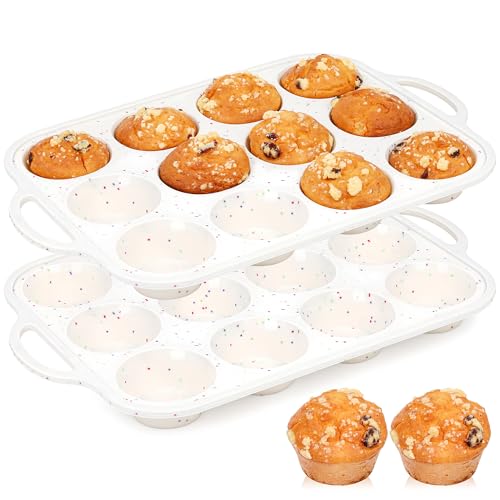 12 Cups Silicone Muffin Pans for baking with Metal Frame (Cream / 12-Cup Regular)