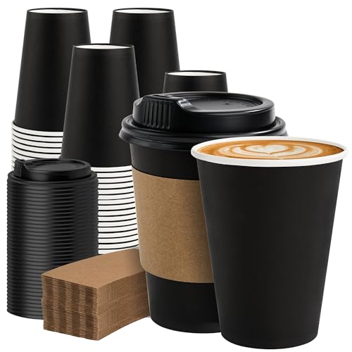 100 Pack 12 oz Disposable Coffee Cups with Lids and Sleeves (Black / 12 oz)
