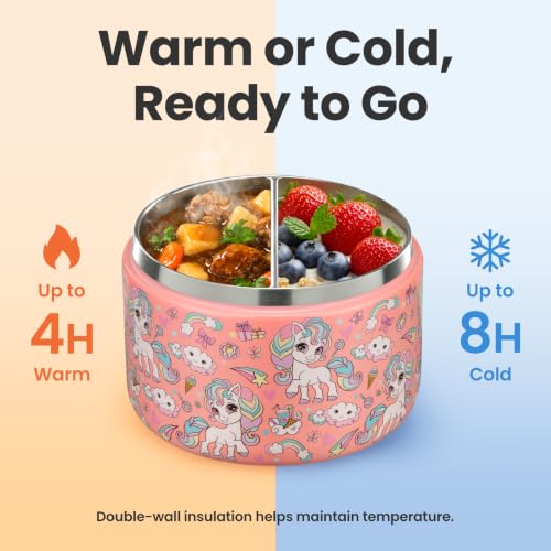 12oz Insulated Vacuum Food Jar with Buckle Lid Wide Mouth Soup Thermo for Hot Food Kids Leakproof Stainless Steel Lunch Container (Pink-Horse / 12OZ)