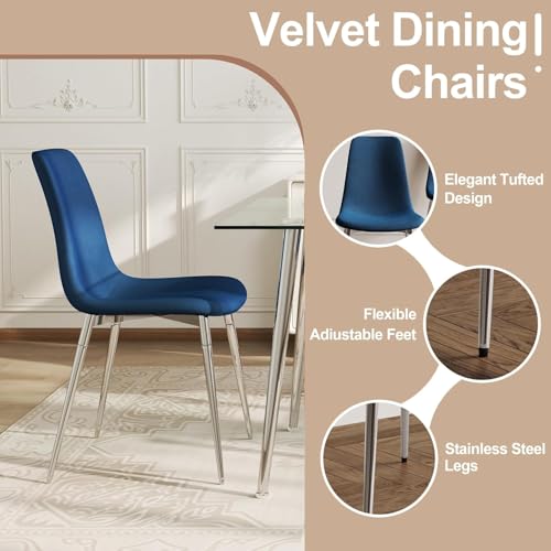 36” Round Glass Dining Table Set for 4 (Black Round Table/Blue Velvet Chairs / 5 Pieces)