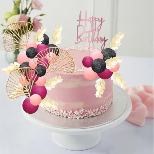 57Pcs Balls Cake Topper Boho Grass Cake topper Pearl Balls Acrylic Happy Birthday Cake Decorations for Wedding Baby Shower Birthday Boho Themed Party Supplies Black Pink Rose Red (Black Pink Rose Red)
