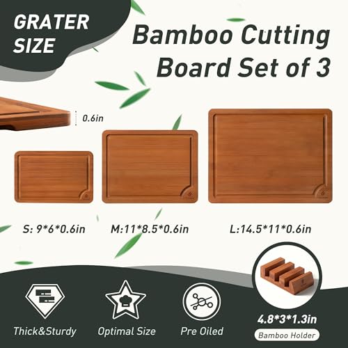 3 Packs Bamboo Cutting Board Set with Non Slip Feet Holder and Over Sink Nice Solid Thick Wood Juice Groove Chopping Board Extra Large Big Small Best Hardwood Kitchen Organic Vegetable Meat BBQ Kit (3 Pack with Holder / Brown)