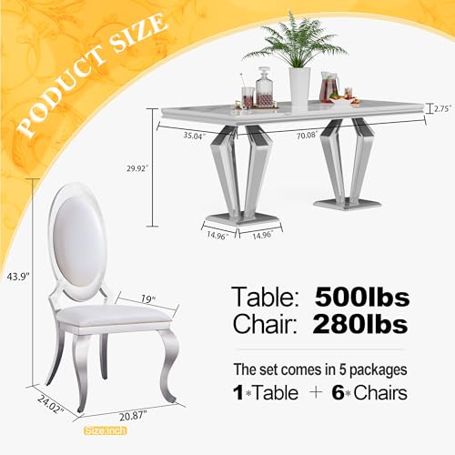 7 Piece Luxury Dining Room Set (Silver White + White / Dining Table + 6 Oval Chairs)