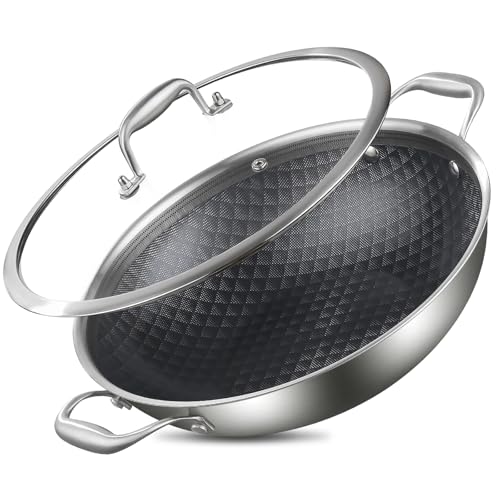 13 Inch Stainless Steel Nonstick Wok Pan with Lid 5.5Qt Pot (13 Inch/Double Handle)
