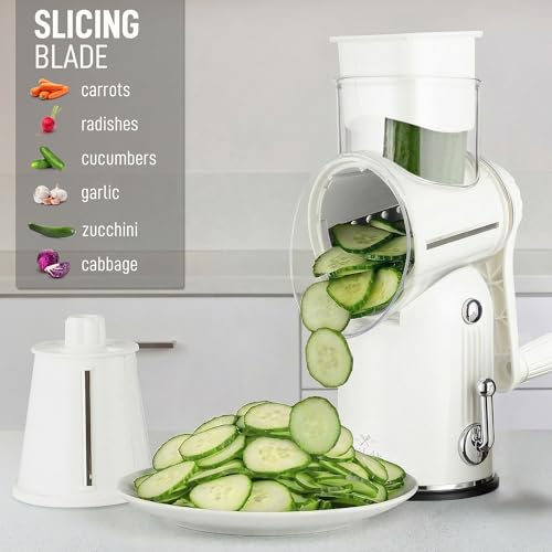 Rotary Cheese Grater Manual Hand Crank 5 Blade Shredder (5 Blades / Classic | White)