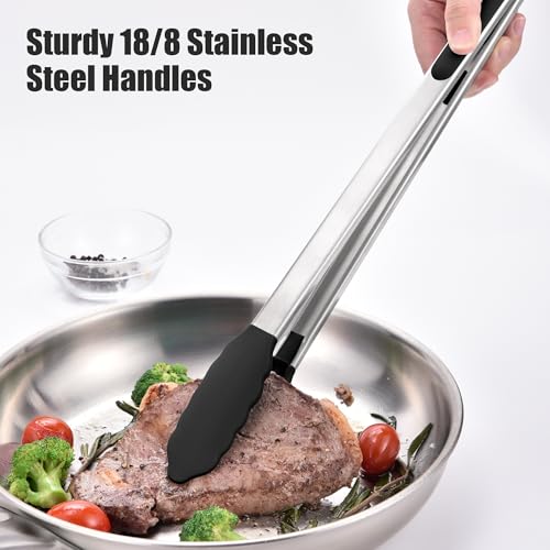 Kitchen Tongs with Silicone Tips for Cooking Serving (16in / Black)