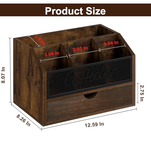 Coffee Station Organizer with Drawer for Countertop (Iron Mesh-Vintage Brown / 2 Tier)