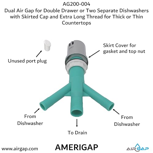 Dual Air Gap for Double Drawer or Two Separate Dishwashers with Skirted Cap and Extra Long Thread for Thick or Thin Countertops (AG200-004)