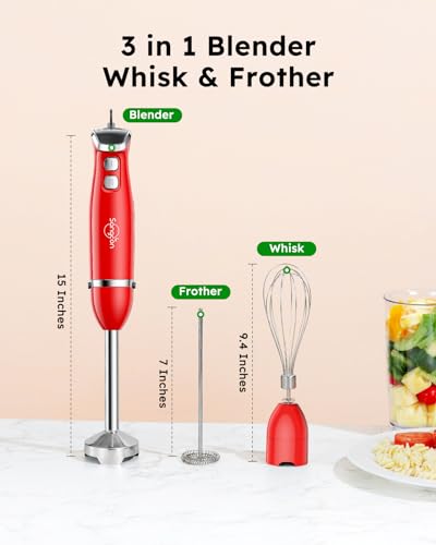Immersion Blender Handheld (3 In 1 Immersion Blender & Stick & Milk Frother / Red)