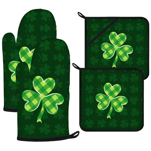 Green Clover Oven Mitts and Pot Holders Sets 4Pcs (Green Clover)