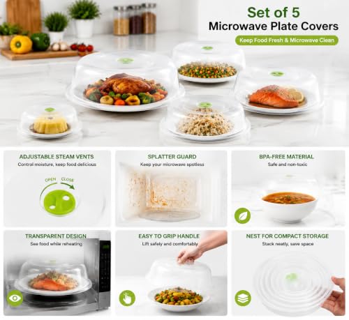 Set of 5 Microwave Plate Covers with Adjustable Steam Vents; Microwave Splatter Covers