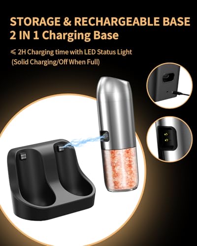 Gravity Electric Salt and Pepper Grinder Set with Rechargeable Base (Stainless Steel)