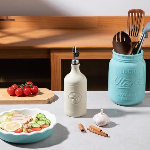 Sweejar 16 Oz Ceramic Olive Oil Dispenser Bottle (Beige / 16 Oz(Silver Spout))