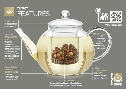 Stovetop & Microwave Safe Glass Teapot with Removable Loose Tea Glass Infuser (34 FL OZ (3-4 CUPS))