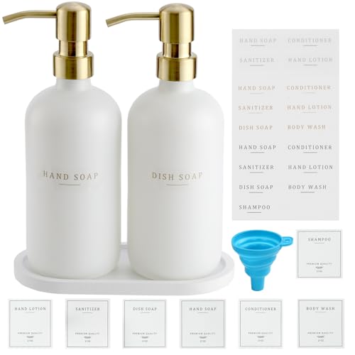 Soap Dispenser Bathroom (White Bottle/Gold Pump N+ Tray + Funnel)