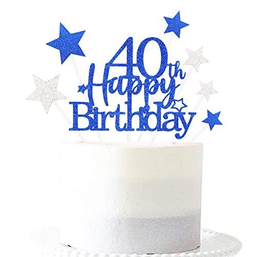 Royal Blue 40th Birthday Cake Topper with Glittery Stars (7 Count)