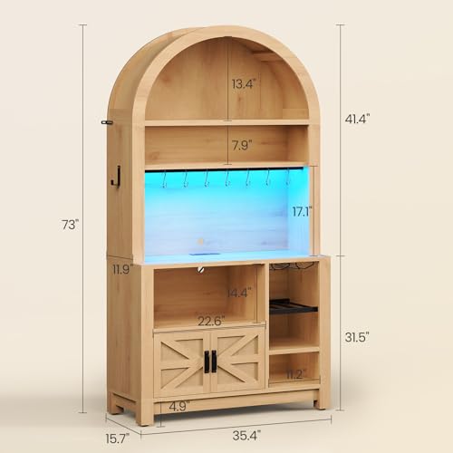 73" Tall Arched Bakers Rack with Power Outlet and LED Light (Natrual)
