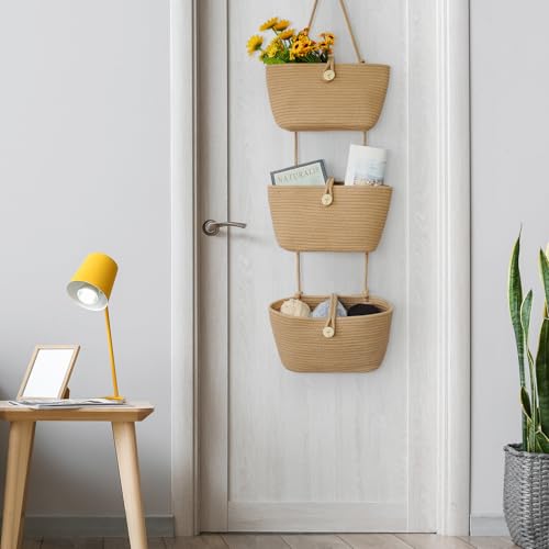 Over the Door Hanging Baskets with Wooden Button (Jute / 3 tier+Wooden Button)