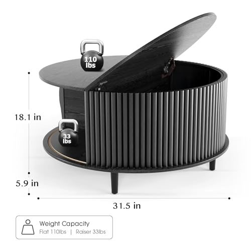 Round Coffee Table with Storage for Living Room (Charcoal Black)