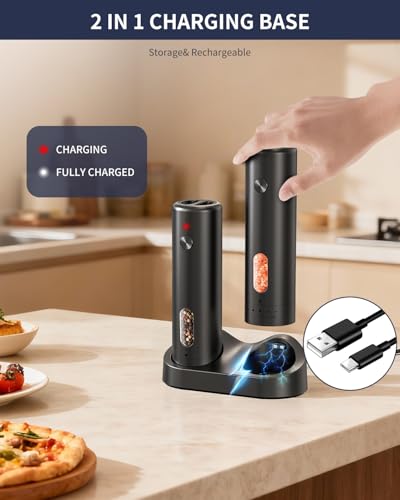 Rechargeable Electric Salt and Pepper Grinder Set with Charging Base (Midnight Black)