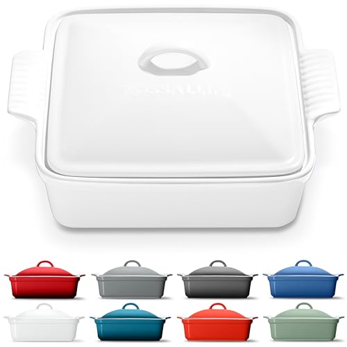 Stoneware Casserole Dish Bakeware with Lid (2.5 Qt / Glossy White)