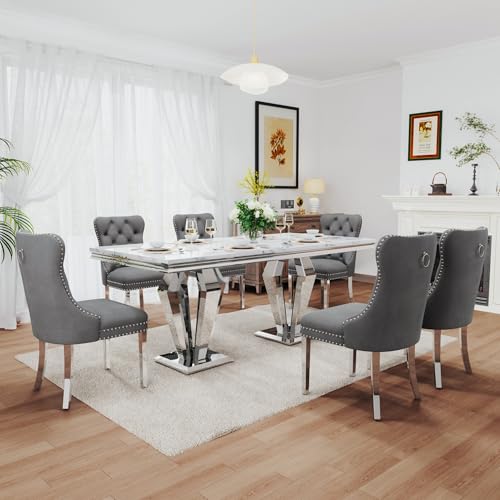 7 Piece Luxury Dining Room Set (Silver White + Grey / Dining Table + 6 Velvet Chair)