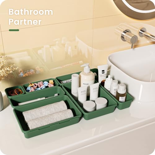 Military Grade】 Drawer Organizer for Vanity Bathroom Makeup Desk (Green)