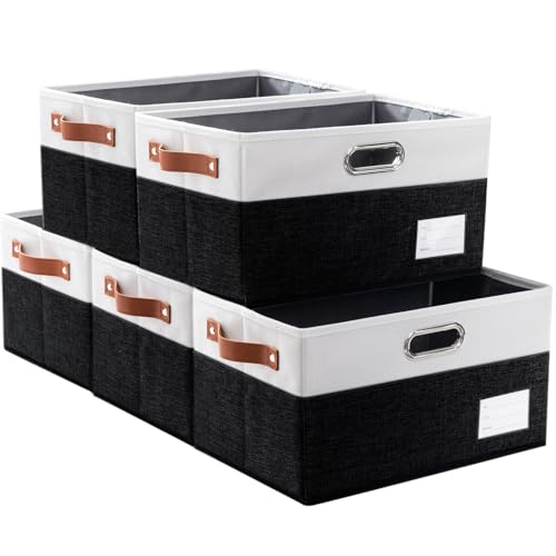 Larger Foldable Storage Bins with Handles [5 (Black & Cream / Jumbo(5-Pack))