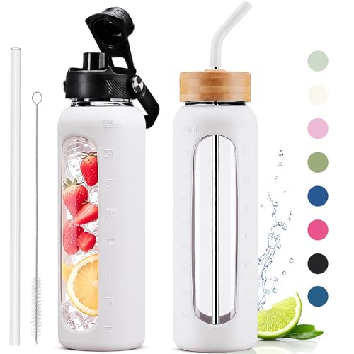 32 oz Glass Water Bottle with Straw and 2 Lids (White / 32 Ounces)