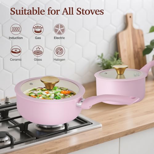 Pots and Pans Set Non Stick (Pink / 11 Piece)
