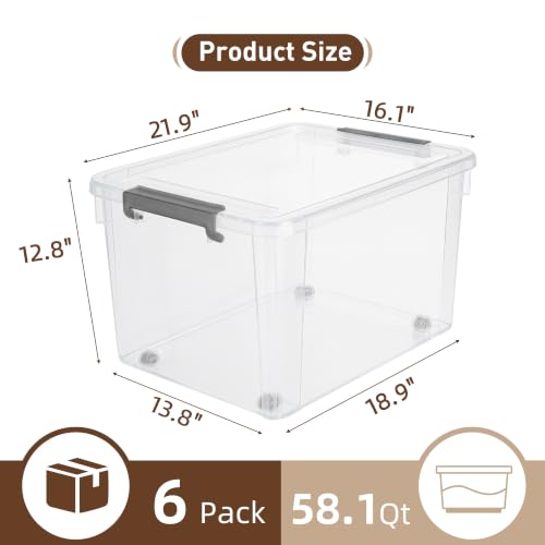 6 Packs 58.1 QT Plastic Storage Bins with Lids Large Stackable Storage Containers for Organizing Clear Storage Box for Garage (6 Packs-58.1 QT / Clear White)
