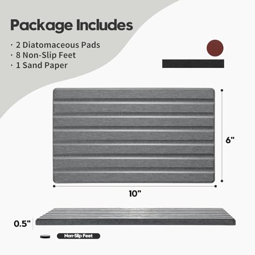2PCS Water Absorbing Stone Drying Tray Mat for Bathroom Sink & Kitchen Counter Organizer (2 Pack - Charcoal Gray / 10"x 6")