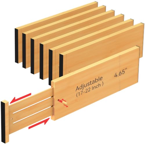 6 Pack Bamboo Drawer Dividers 4.65" High Adjustable from 17'' to 22'' (Beige / 17-22 Inch)