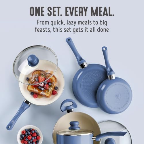16pc Ceramic Nonstick Pots & Pans Cookware Set (16 Piece Cookware Set / Bloom / Slate Blue)