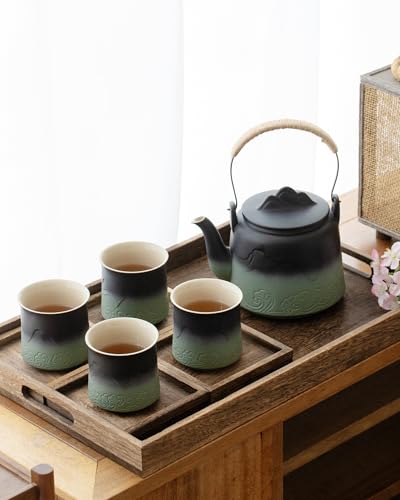 Japanese Teapot Set with 4 Cups (Black & Pea Green / 33.8oz Teapot&4 of 8oz Cups)