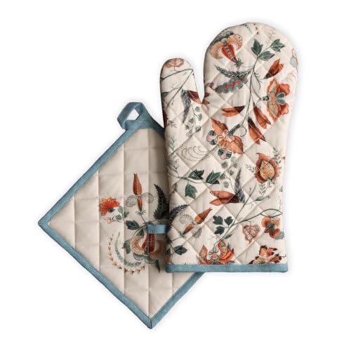 100% Cotton Oven Mitt & Pot Holder Set (060 - Dalida / 7.5" x 13" & 8" x 8" (Oven Mitt & Pot Holder))