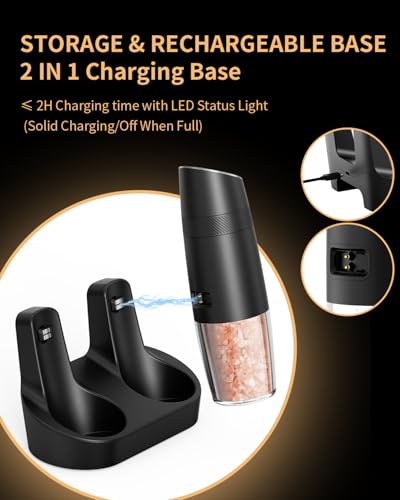 Gravity Electric Salt and Pepper Grinder Set Automatic Shakers Upgraded Pepper Mill with Rechargeable Base (Black Charging Base)