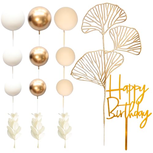 57Pcs Khaki Balls Cake Topper Boho Grass Cake topper Pearl Balls Acrylic Happy Birthday Cake Decorations for Wedding Baby Shower Birthday Boho Themed Party Supplies Khaki White Gold (57 Count)