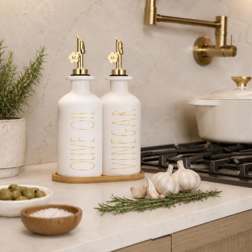 Premium Olive Oil Dispenser for Kitchen (White&Gold+Tray / 11.8 fl oz)