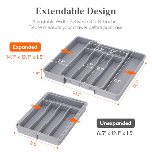 Expandable Silverware Drawer Organizer (Gray / Medium Wide(8.5-14''W x 12''D))