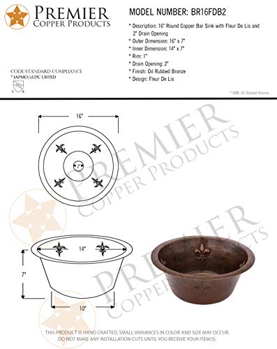 BR16FDB2 16 Inch Universal Round Copper with Fleur De Lis Bar Sink and 2 (16" x 16" x 7")