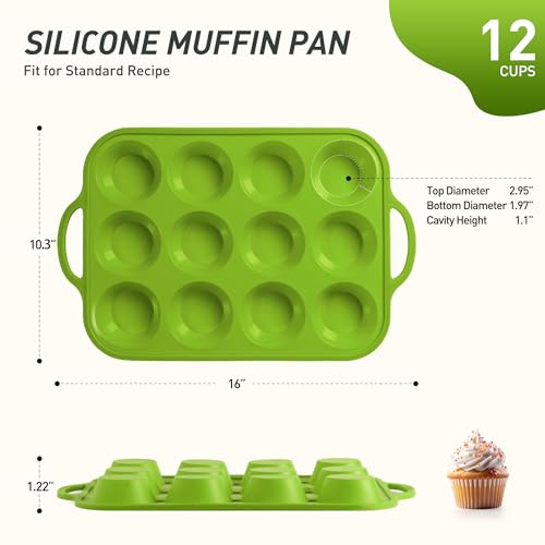 12 Cups Silicone Muffin Pan with Metal Reinforced Frame Regular Size Cupcake Pan Tray Egg Bites Silicone Circle Cookie Molds Muffin Tin Tart Pans Baking Sheet Set for Oven Dishwasher Safe (1pc: 12-Cup Regular / Green)