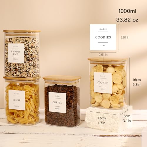 4 Pack Square Glass Pantry Storage Containers with 132 Kitchen Food Pantry Labels