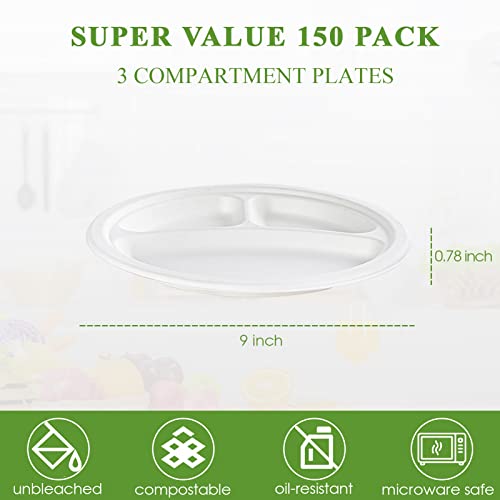 Compostable Paper Plates (3 Compartment 9 inch White)